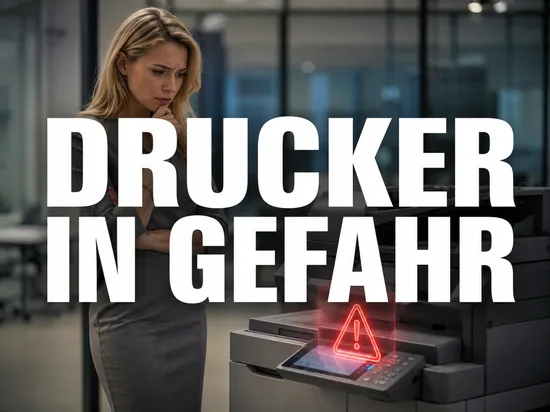 Geschaeftsfrau neben einem Buerodrucker mit rotem Warndreieck als Symbol fuer eine Sicherheitsluecke
