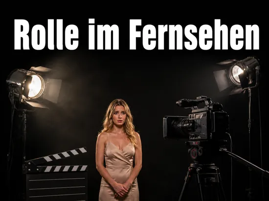 Frau im Fernsehstudio vor Kamera und Scheinwerfern, Schriftzug Rolle im Fernsehen