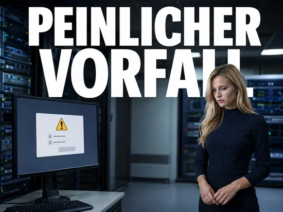 Blonde Frau im Serverraum vor Monitor mit Passwort-Dialog und Warnsymbol, Schriftzug Peinlicher Vorfall