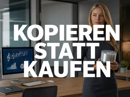 Blonde Geschaeftsfrau haelt eine Spindel mit CD-Rohlingen vor Monitor mit Musiknoten und Statistik, Schriftzug Kopieren statt kaufen