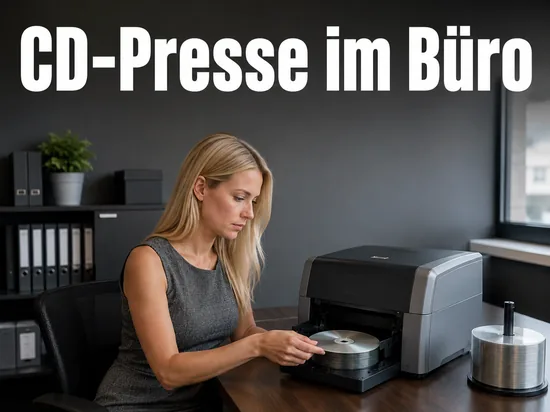 Blonde Frau am Bürotisch legt eine CD in ein druckergrosses Gerät, daneben eine Spindel Rohlinge