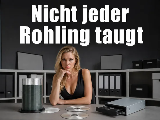 Blonde Frau an einem Tisch mit einer Spindel CD-Rohlinge, einzelnen Rohlingen und einem DVD-Brenner-Laufwerk