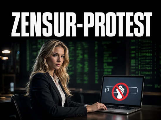 Blonde Geschaeftsfrau am Laptop mit durchgestrichenem Zensur-Symbol und Protest-Faust vor gruenem Code, Schriftzug Zensur-Protest