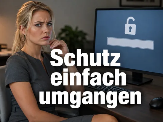 Skeptische Geschaeftsfrau vor einem Monitor mit Eingabefeld fuer einen Produktschluessel und geoeffnetem Vorhaengeschloss als Symbol fuer eine umgangene Schluesselabfrage