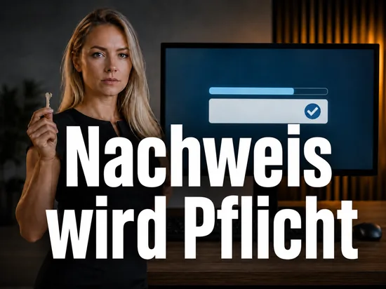 Geschaeftsfrau mit Schluessel in der Hand neben einem Monitor mit Update-Seite und Haekchen-Symbol als Symbol fuer die kuenftige Pflicht zur Lizenzpruefung