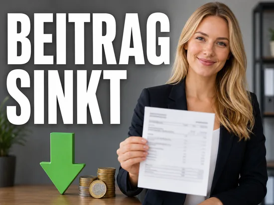 Freundliche Geschäftsfrau mit einer Gehaltsabrechnung neben einem grünen Abwärtspfeil und Euro-Münzen, Symbolbild für den geplant sinkenden Arbeitslosenversicherungsbeitrag