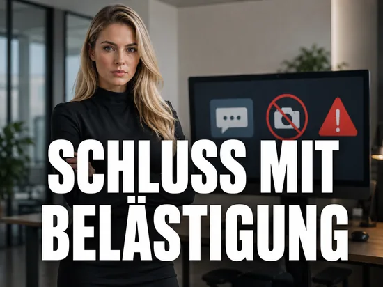 Blonde Frau vor Monitor mit Chatfenster, durchgestrichenem Webcam-Symbol und Warndreieck, Schriftzug Schluss mit Belaestigung