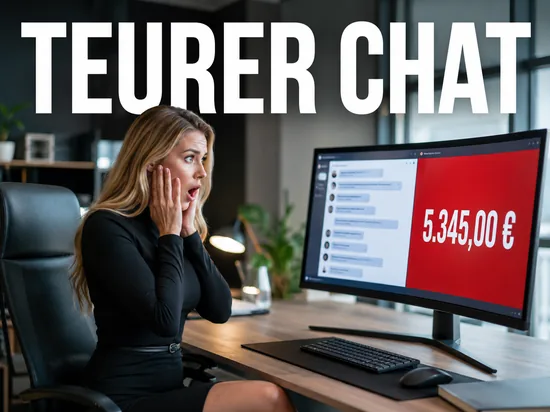 Blonde Frau erschrickt vor Monitor mit Chatfenster und hoher Preisanzeige, Schriftzug Teurer Chat