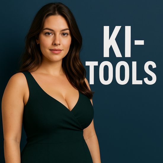 Fiktive attraktive Frau mit &uuml;ppiger Figur in gr&uuml;nem Kleid vor blauem Hintergrund, daneben der Text KI-TOOLS in gro&szlig;en wei&szlig;en Buchstaben. 
