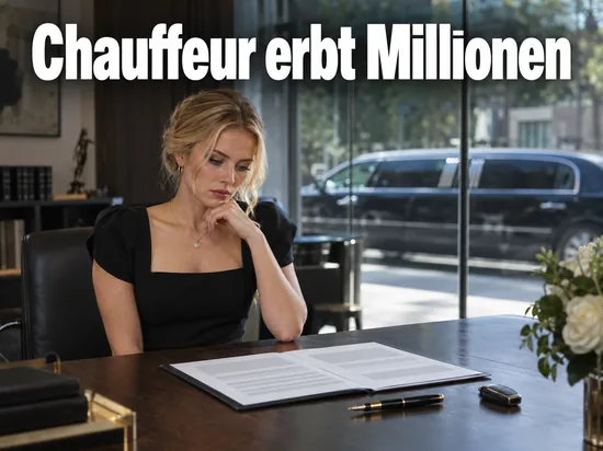 Frau liest ein Dokument an einem Notariatstisch, dahinter eine Limousine