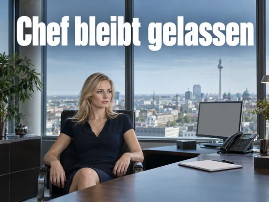 Frau sitzt in einem Chefbüro mit Blick auf einen Fernsehturm