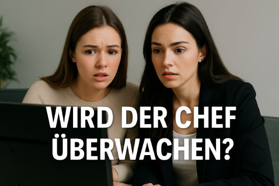 Zwei junge Frauen sitzen gemeinsam vor einem Computerbildschirm und blicken ernsthaft, mit dem eingeblendeten Text: &bdquo;Wird der Chef &uuml;berwachen?&ldquo;  