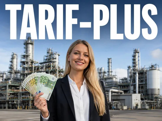 Blonde Frau mit Euro-Geld vor Chemieanlage, Symbolbild Tarif-Plus in der Chemiebranche
