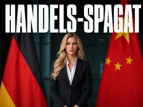 Blonde Geschaeftsfrau vor deutschen und chinesischen Flaggen, Symbolbild Handels-Spagat mit China