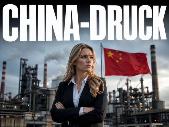 Blonde Geschaeftsfrau vor Industrieanlage, Symbolbild Subventionsdruck aus China