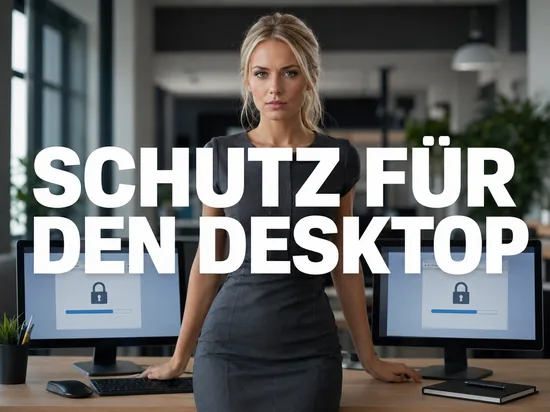 Geschaeftsfrau zwischen zwei Bildschirmen mit Browser-Fenstern und Vorhaengeschloss-Symbolen