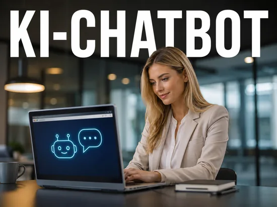 Blonde Geschaeftsfrau am Laptop mit KI-Chatbot-Symbol und Sprechblase im Browser, Schriftzug KI-Chatbot
