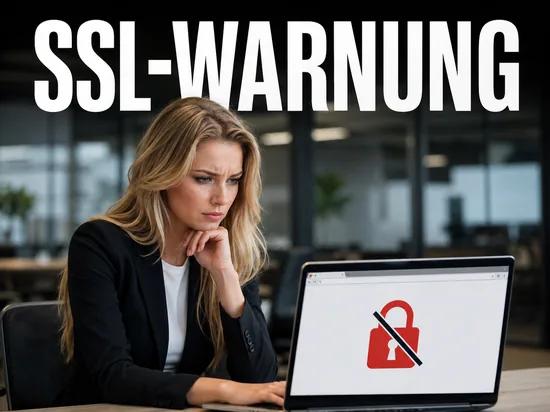 Blonde Geschaeftsfrau blickt ernst auf Laptop mit durchgestrichenem rotem Schloss als Sicherheitswarnung, Schriftzug SSL-Warnung