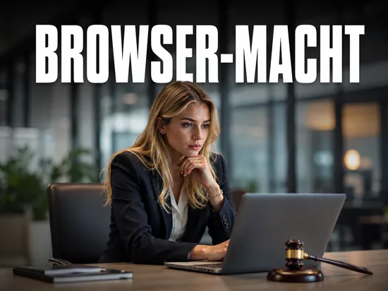 Blonde Geschaeftsfrau am Laptop mit Richterhammer als Symbol fuer Kartellverfahren, Schriftzug Browser-Macht
