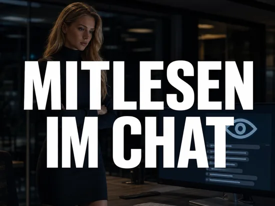Blonde Frau vor Monitor mit Chatzeilen und stilisiertem Auge im abgedunkelten Buero, Schriftzug Mitlesen im Chat