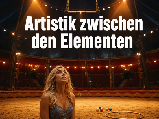 Frau in einer Zirkusmanege blickt zum Trapez, Schriftzug Artistik zwischen den Elementen