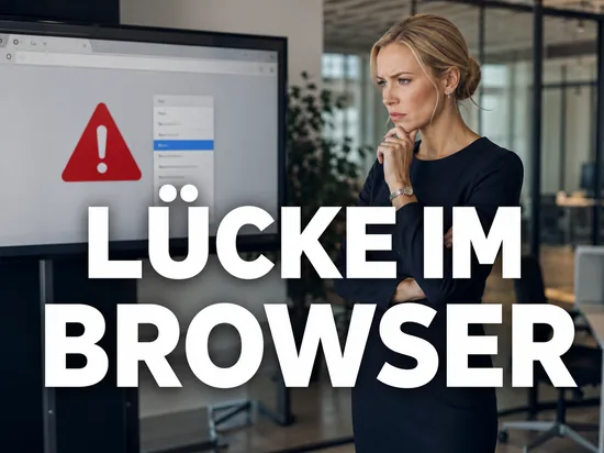 Geschaeftsfrau vor Bildschirm mit Browser-Erweiterungsmenue und rotem Warndreieck als Symbol fuer eine Sicherheitsluecke