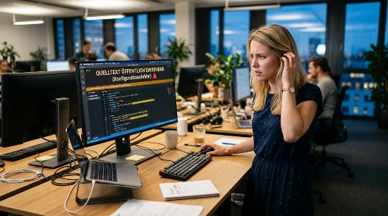 Frau blickt überrascht auf einen Bildschirm mit offengelegtem Quellcode von Claude Code