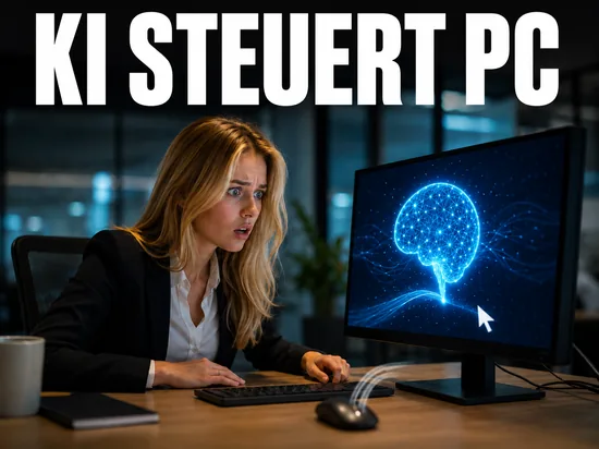 Blonde Geschaeftsfrau blickt erstaunt auf Monitor mit KI-Gehirn und selbststeuernder Maus, Schriftzug KI steuert PC