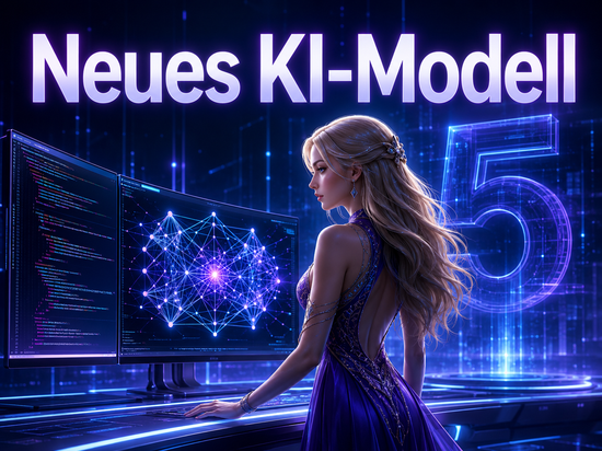Fiktive blonde Frau im Kleid vor leuchtenden Monitoren mit Programmcode und dem grossen Schriftzug Neues KI-Modell