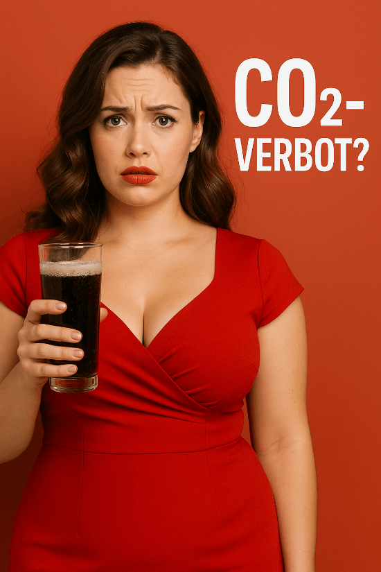 Attraktive Frau mit rotem Kleid hält nachdenklich ein Glas Cola, daneben steht 'CO2-Verbot?'