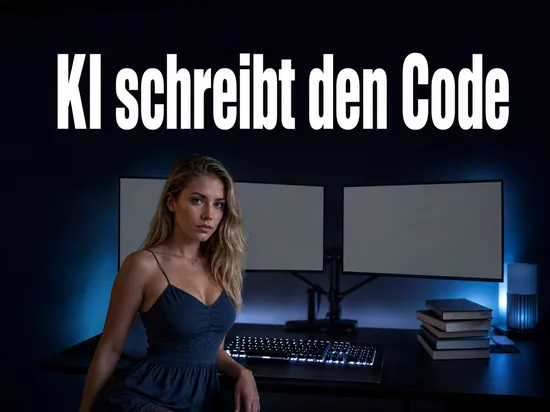 Entwicklerarbeitsplatz mit zwei leeren Monitoren und beleuchteter Tastatur
