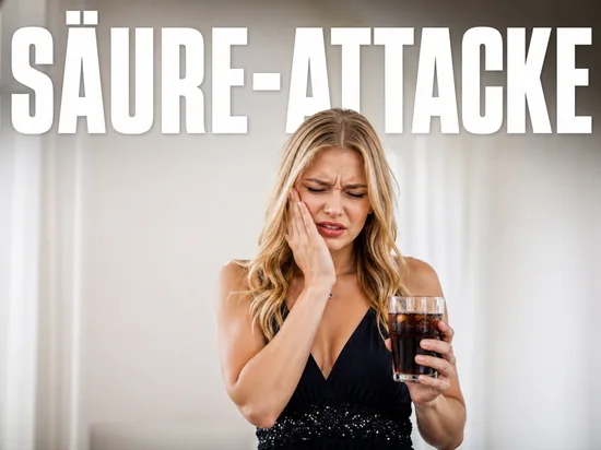 Blonde Frau mit Cola-Glas fasst sich schmerzverzogen an die Wange, Symbolbild Saeure-Schaeden an den Zaehnen