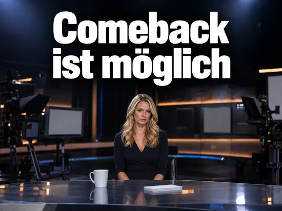 Frau sitzt an einem Moderatorenschreibtisch in einem dunklen Fernsehstudio