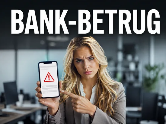 Blonde Geschaeftsfrau zeigt warnend auf ein Smartphone mit gefaelschter Bank-Mail und Warnsymbol, Schriftzug Bank-Betrug
