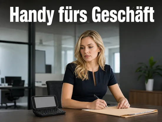 Frau im Büro mit einem aufklappbaren Business-Handy