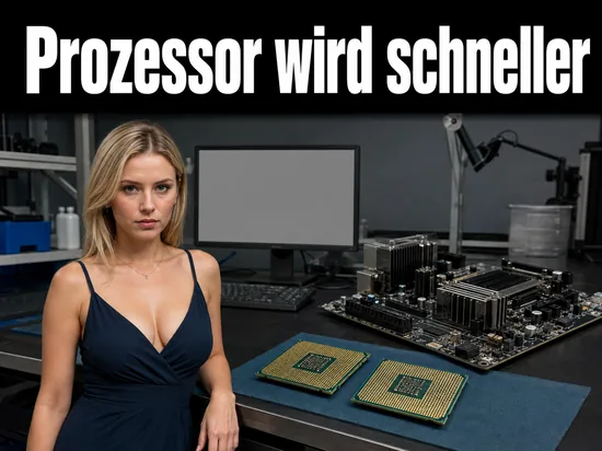 Frau im Labor neben zwei Prozessoren und einem offenen Mainboard