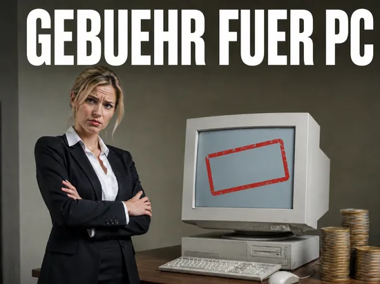 Computer werden gebührenpflichtig, skeptische Geschäftsfrau vor Desktop-PC mit Gebühren-Stempel und Euro-Münzen