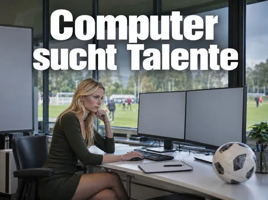 Frau im Kleid sitzt an einem Analyse-Arbeitsplatz mit Blick auf einen Trainingsplatz