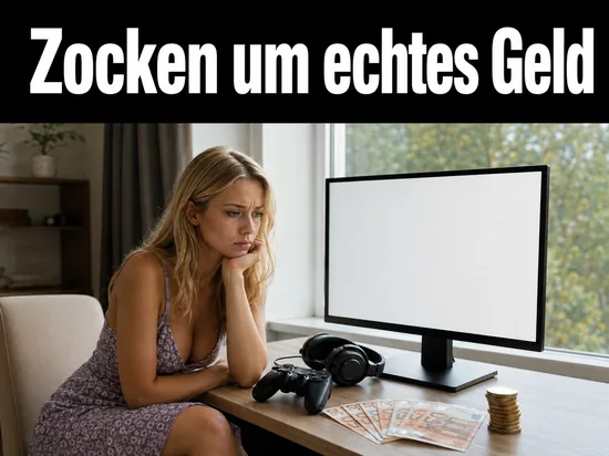 Frau am Schreibtisch mit Monitor, Controller und Euro-Scheinen, Schriftzug Zocken um echtes Geld