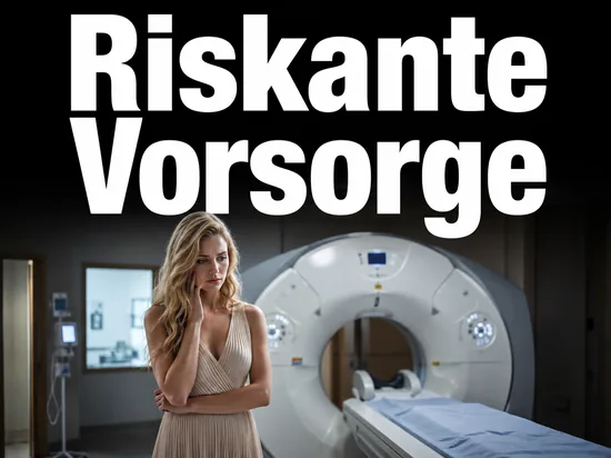 Junge blonde Frau blickt besorgt vor einem Computertomografen als Symbol fuer riskante Vorsorgeuntersuchungen