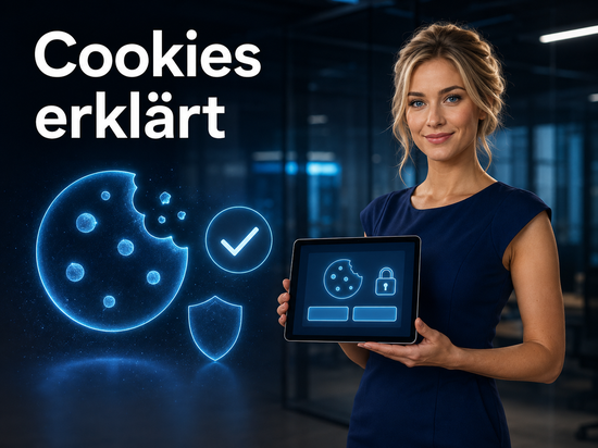 Blonde Frau im dunkelblauen Kleid hält ein Tablet mit einem Cookie-Symbol und einem Datenschutz-Schloss, daneben ein Cookie-Banner