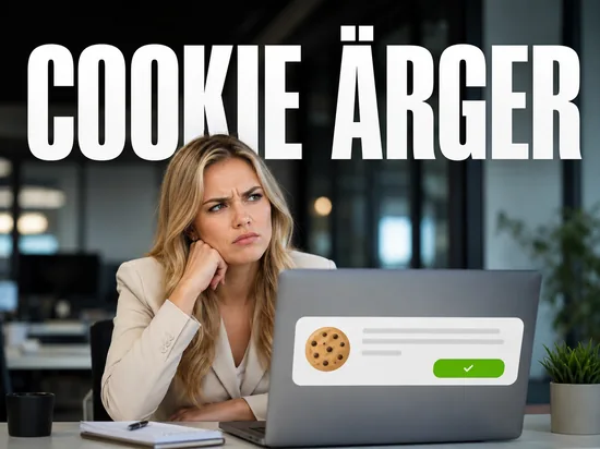 Blonde Geschaeftsfrau blickt genervt vom Laptop mit Cookie-Banner weg, Schriftzug Cookie Aerger