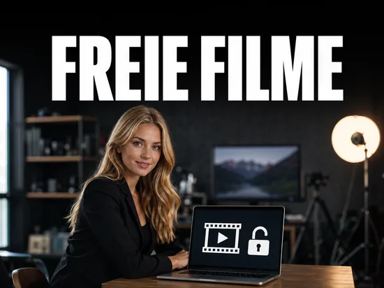 Blonde Geschaeftsfrau am Laptop mit Filmrolle Play-Symbol und offenem Schloss fuer freie Lizenzen, Schriftzug Freie Filme