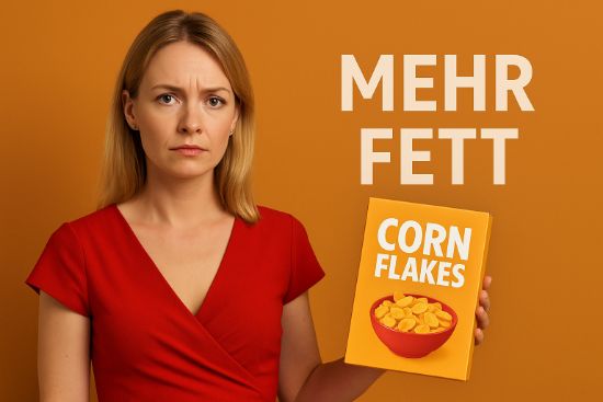 Blonde Frau im roten Kleid h&auml;lt fiktive Cornflakes-Packung vor orangefarbenem Hintergrund, daneben Schriftzug &bdquo;MEHR FETT&ldquo;.