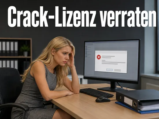 Frau am Buerorechner mit Fehlermeldung bei der Lizenzaktivierung: gecrackte Lizenznummer fuehrte zur Anzeige