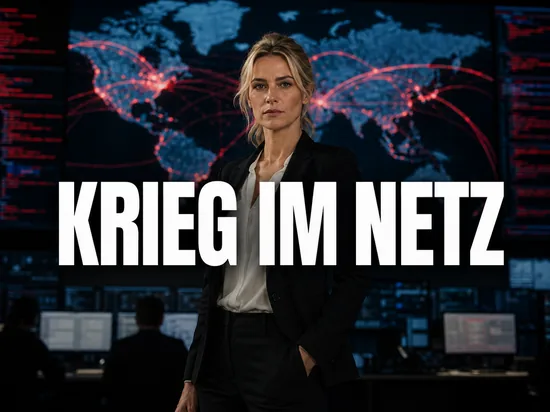 Blonde Geschaeftsfrau in einem Lagezentrum vor einer Weltkarte mit roten Angriffslinien, Schriftzug Krieg im Netz