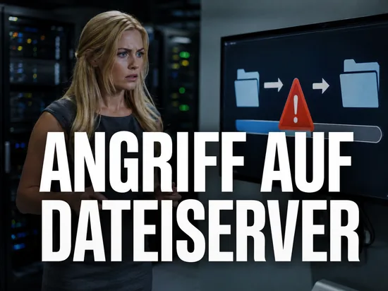 Geschaeftsfrau im Serverraum vor einem Monitor mit Dateiuebertragung und rotem Warndreieck