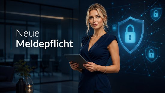 Foto einer blonden Frau im dunkelblauen Kleid mit Tablet, daneben Schutzschild und Schloss-Symbol, Schriftzug Neue Meldepflicht zum Cyber Resilience Act