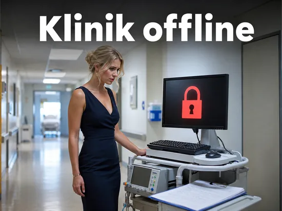 Frau im Klinikflur vor einem Stationscomputer mit rotem Schloss-Symbol: Cyberangriff legt die Soester Kliniken lahm