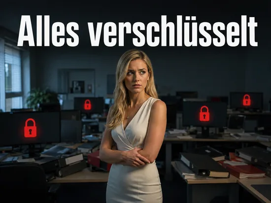 Frau in einem Buero mit gesperrten Bildschirmen und roten Schloss-Symbolen: Ransomware legt Verbraucherzentrale Hessen lahm